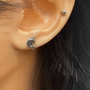 May include: A pair of silver unicorn stud earrings. The earrings are small and delicate, and they feature a detailed unicorn head design.