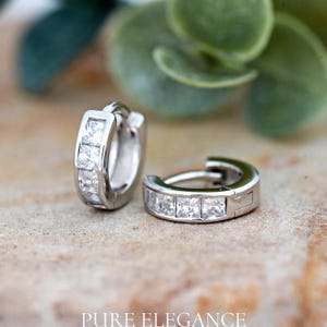 Princess Cut CZ Huggie Earrings: 925 Sterling Silver, 10mm