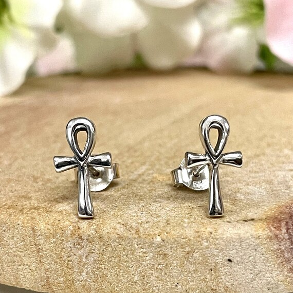 Ankh Cross Plain Stud Earrings Solid 925 Sterling Silver Etsy