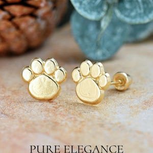 Cute Paw Print Stud Earrings | Solid 14k Yellow Gold Paw Earrings Screw Back | Minimalist Jewelry | Trendy | Animal Dog Theme Earrings