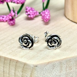Silver Rose Stud Earrings, 925 Sterling Silver, Dainty Rose