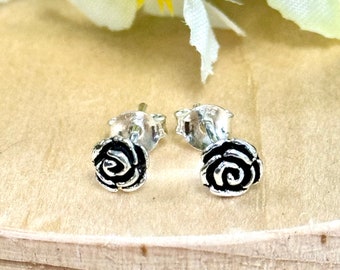Vintage Rose Stud Earrings | Solid 925 Sterling Silver Flower Earrings Push Back | Floral Jewelry | Trendy | Minimalist | Gift Ideas