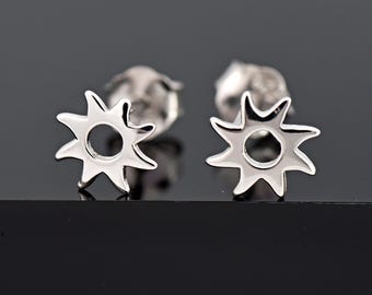 925 Sterling Silver Sun Stud Earrings Push Back Backing: Minimalist Sunburst Design