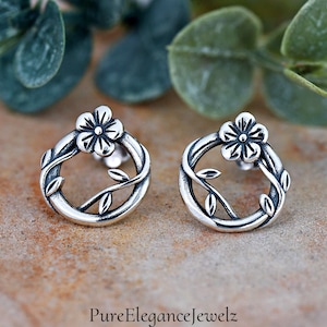 Flower Vine Wreath Stud Earrings | Solid 925 Sterling Silver Floral Garland Earrings Push Back | Trendy | Minimalist | Spring Theme