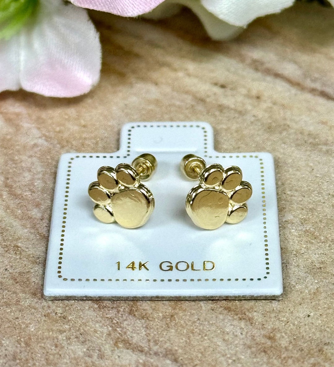 Cute Paw Print Stud Earrings Solid 14k Yellow Gold Paw Earrings Screw ...