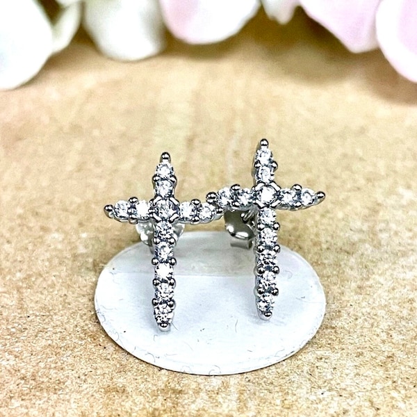 Dainty Cross CZ Stud Earrings | Solid 925 Sterling Silver Cubic Zirconia Earrings Push Back | Cross Jewelry | Minimalist | Religious Gifts