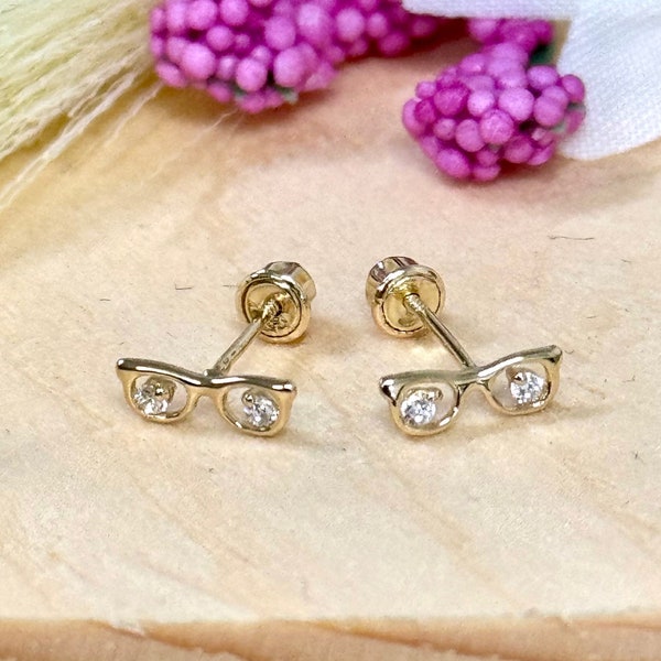 Eyeglass CZ Stud Earrings | Solid 14k Yellow Gold Glasses Earrings Screw Back | Minimalist Jewelry | Trendy | Home, Office, Work Theme