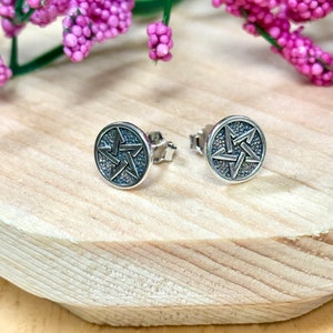 Star Circle Stud Earrings | Solid 925 Sterling Silver Pentagram Earrings Push Back | Minimalist | Trendy | Gothic, Halloween Theme