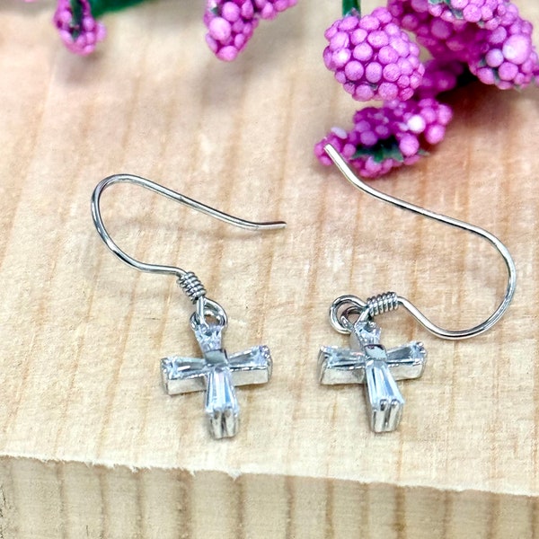 Dainty Cross CZ Dangle Earrings | Solid 925 Sterling Silver Cubic Zirconia Earrings Fishhook | Cross Jewelry | Minimalist | Religious Gifts
