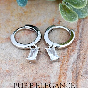 Sterling Silver CZ Huggie Earrings: Dainty Rectangular Charm