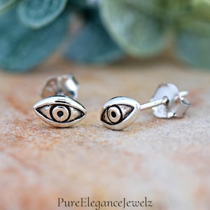 Tiny Eye Stud Earrings | Solid 925 Sterling Silver Eye of Providence Earrings Push Back | Lucky Charm Protection Jewelry | Minimalist
