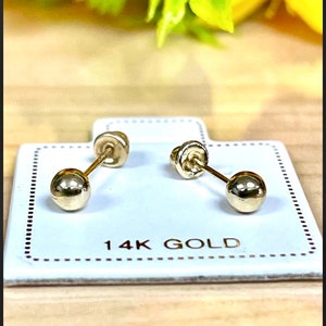 Small Polish Finish Ball Stud Earrings | Solid 14k Yellow Gold 3mm Earrings Screw Back | Minimalist | Trendy Jewelry | For Girls
