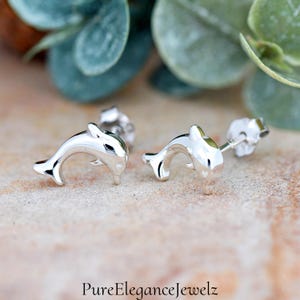 Cute Dolphins Stud Earrings | Solid 925 Sterling Silver Dolphin Animal Earrings Push Back | Minimalist | Trendy | Nautical Theme Jewelry