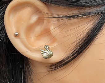 Swan Bird Stud Earrings | Solid 14k Yellow Gold Bird Earrings Screw Back | Minimalist Jewelry | Trendy | Plain Swan Dainty Earrings