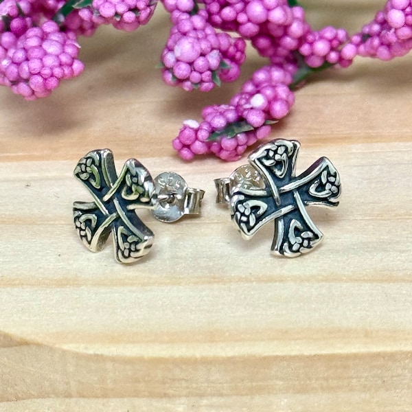 Celtic Cross Stud Earrings | Solid 925 Sterling Silver Irish Trinity Knot Cross Earrings Push Back | Trendy | Minimalist | Religious Jewelry