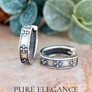 Bali Flower Design Huggie Earrings | Solid 925 Sterling Silver Balinese Hoop Earrings Snap Post | Trendy | Minimalist Jewelry | Boho Theme