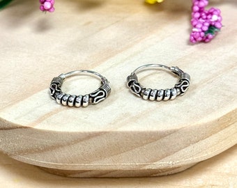 Bali Hoop Huggie Earrings | Solid 925 Sterling Silver Balinese Hoop Earrings Snap Post | Trendy | Minimalist Jewelry | Boho, Bohemian Theme
