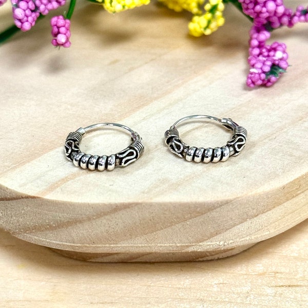 Bali Hoop Huggie Earrings | Solid 925 Sterling Silver Balinese Hoop Earrings Snap Post | Trendy | Minimalist Jewelry | Boho, Bohemian Theme