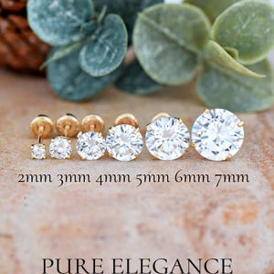 2mm - 7mm Round Clear Cubic Zirconia Basket Prong Set 14k Yellow Gold Screw Back Kids Girl&#39;s Children&#39;s Women&#39;s Earrings