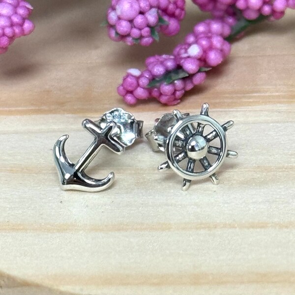 Nautical Anchor & Helm Stud Earrings | Solid 925 Sterling Silver Boat Theme Earrings Push Back | Minimalist Jewelry | Trendy | Beach Jewelry