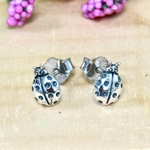 Tiny Ladybug Stud Earrings | Solid 925 Sterling Silver Small Beetle Earrings Push Back | Trendy | Minimalist Jewelry | Spring | Bugs Insects