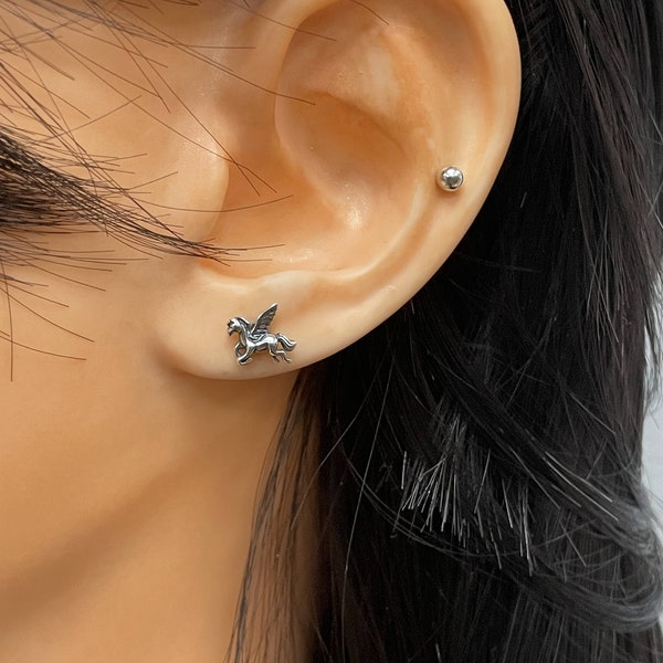 Small Pegasus Horse Stud Earrings | Solid 925 Sterling Silver Flying Pegasus Earrings Push Back | Trendy | Myth Animal Creature Jewelry