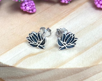 Dainty Lotus Stud Earrings: Oxidized Sterling Silver Boho Jewelry