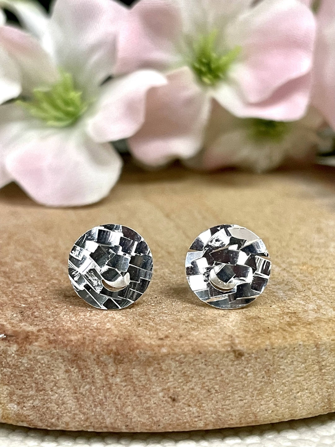 Hammered Half Moon Stud Earrings Solid 925 Sterling Silver Disc