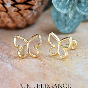 Butterfly Silhouette Stud Earrings | Solid 14k Yellow Gold 8mm Dainty Butterfly Earrings Screw Back | Girl&#39;s Women&#39;s Gold Earrings Gift