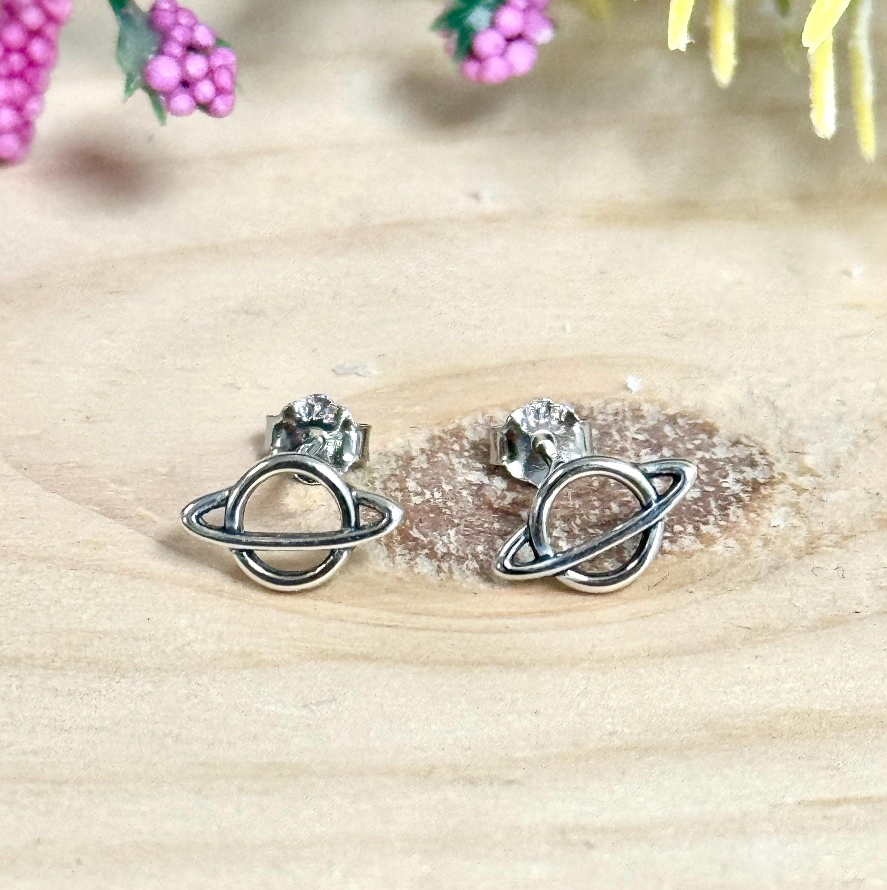 ◆STONEHENgE◆ Silver Planet Earrings SC25A27E Miniature Planet Saturn Post Earrings In Sterling Silver