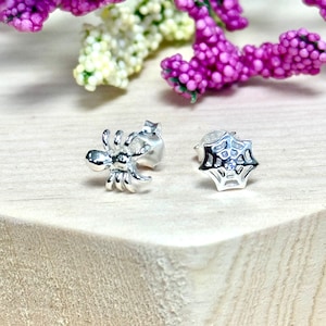 Spider with Cobweb Stud Earrings | Solid 925 Sterling Silver Spider Earrings Push Back | Halloween Theme Jewelry | Trendy | Minimalist