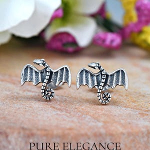 May include: A pair of silver dragon earrings with detailed wings and curled tails. The earrings are small and delicate, perfect for adding a touch of whimsy to any outfit.