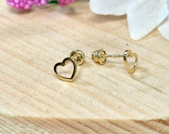 Open Heart Stud Earrings | Solid 14k Yellow Gold Earrings Screw Back | Minimalist Jewelry | Trendy | Romantic, Valentine Gift | For Her