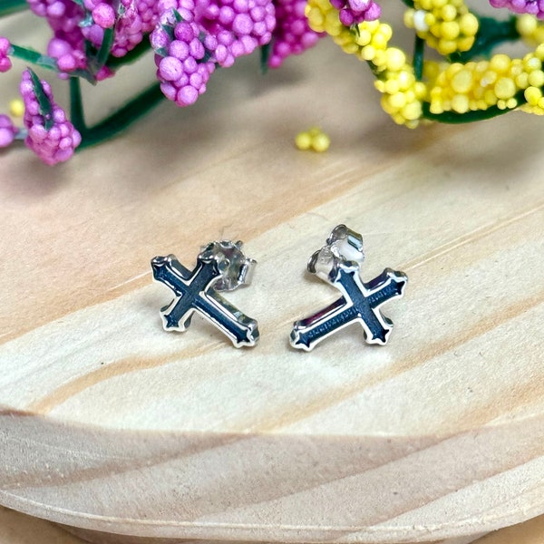 Black Inlay Cross Stud Earrings | Solid 925 Sterling Silver Vintage Cross Earrings Push Back | Trendy | Minimalist | Religious Jewelry Gift