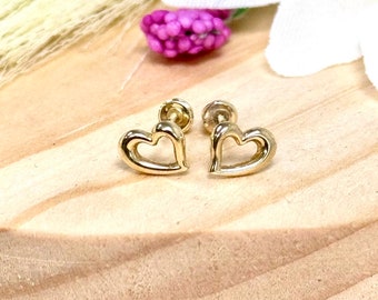 Open Heart Stud Earrings | Solid 14k Yellow Gold Plain Heart Earrings Screw Back | Minimalist Jewelry | Trendy | Gift For Her