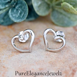 Plain Open Heart Stud Earrings | Solid 925 Sterling Silver Heart Earrings Push Back | Trendy | Bridesmaids Gifts | For Her