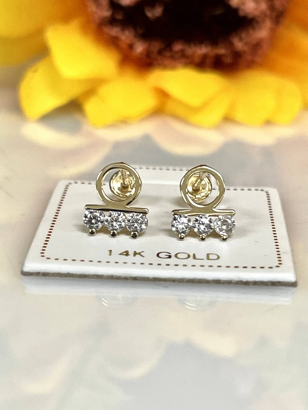Three Stone CZ Stud Earrings Solid 14k Yellow Gold Fancy Earrings Screw