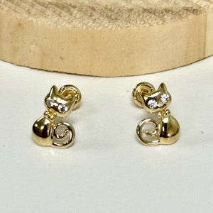 Cute Cat CZ Stud Earrings | Solid 14k Yellow Gold Kitten Earrings Screw Back | Minimalist Jewelry | Trendy | For Children, Girls, Kids