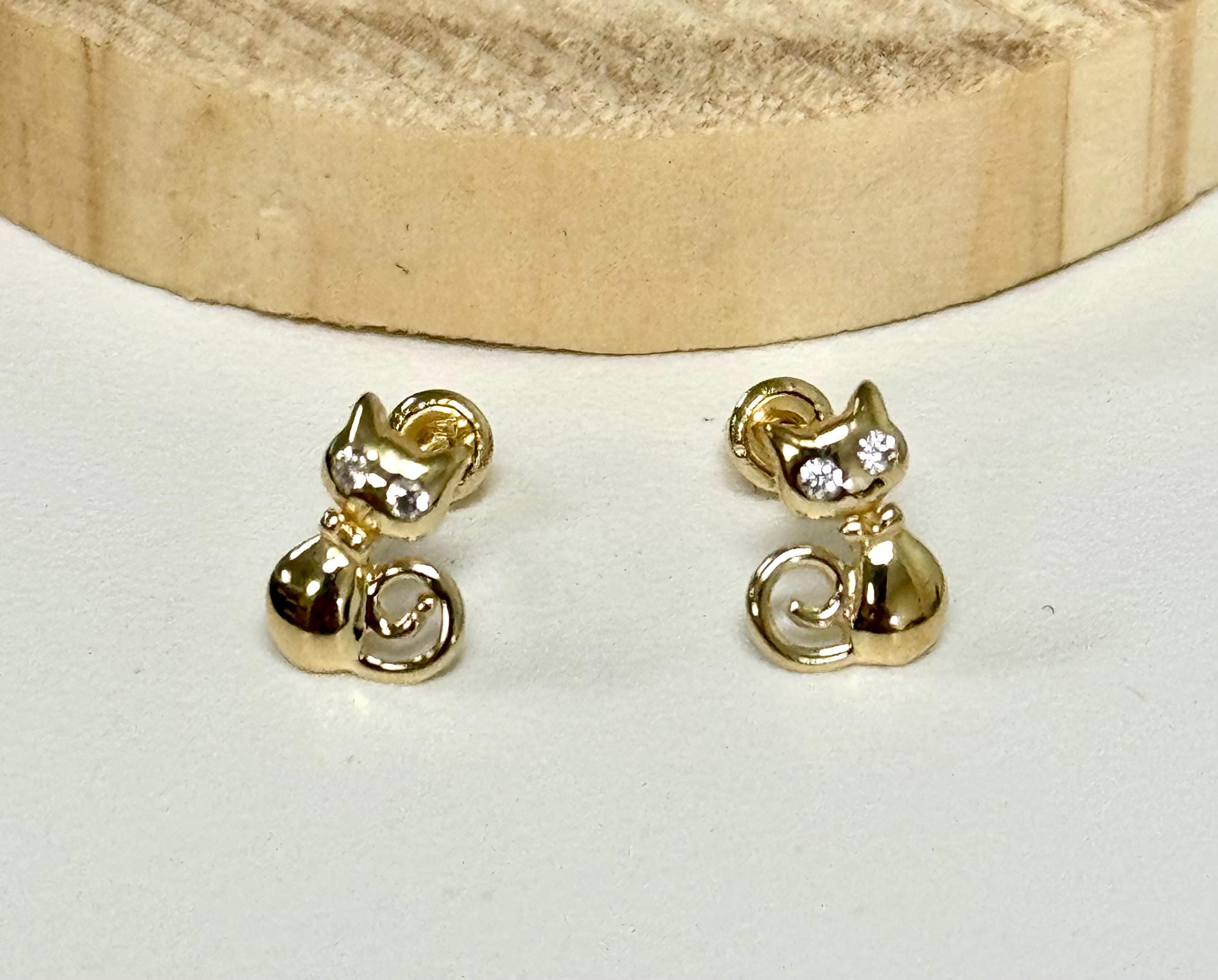 Cute Cat CZ Stud Earrings Solid 14k Yellow Gold Kitten Earrings