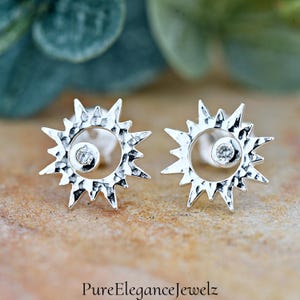 Hammered Sun CZ Stud Earrings | Solid 925 Sterling Silver Sunburst Earrings Push Back | Cubic Zirconia Jewelry | Trendy | Minimalist