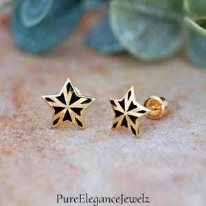 Fancy Star Stud Earrings | Solid 14k Yellow Gold Earrings Plain Star Screw Back | Minimalist Jewelry | Trendy | Bridesmaids Gift | For Her