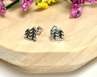 Pine Trees Stud Earrings | Solid 925 Sterling Silver Forest Scene Earrings Push Back | Nature Hiking Jewelry | Trendy | Minimalist