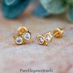 Owl Eyes CZ Stud Earrings | Solid 14k Yellow Gold Owl Earrings Screw Back | Minimalist Jewelry | Trendy | Animal Theme