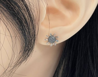 Fancy Sunflower Stud Earrings | Solid 925 Sterling Silver Cute Daisy Earrings Push Back | Flower Jewelry | Trendy | Minimalist | For Teens