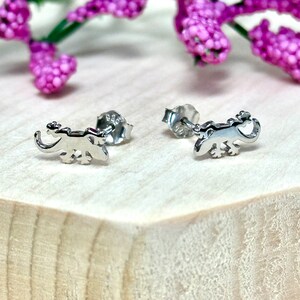 May include: A pair of silver stud earrings featuring a small gecko design. The earrings are on a white wooden surface.
