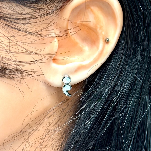 Semicolon Opal Stud Earrings: 925 Sterling Silver, Minimalist