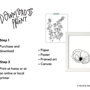 Puede incluir: Una descarga digital imprimible de dos dibujos en blanco y negro de flores. La primera imagen es un grupo de flores peque&ntilde;as. La segunda imagen es una sola amapola. El texto "DOWNLOAD & PRINT" est&aacute; en la parte superior de la imagen. El texto "Paso 1 Comprar y descargar" y "Paso 2 Imprimir en casa o en una impresora en l&iacute;nea o local" est&aacute; en el lado izquierdo de la imagen. El texto "Papel, P&oacute;ster, Arte enmarcado, Lienzo" est&aacute; en el lado derecho de la imagen. El texto "&copy; OLIVE & AQUA 2022" est&aacute; en la parte inferior de la imagen.