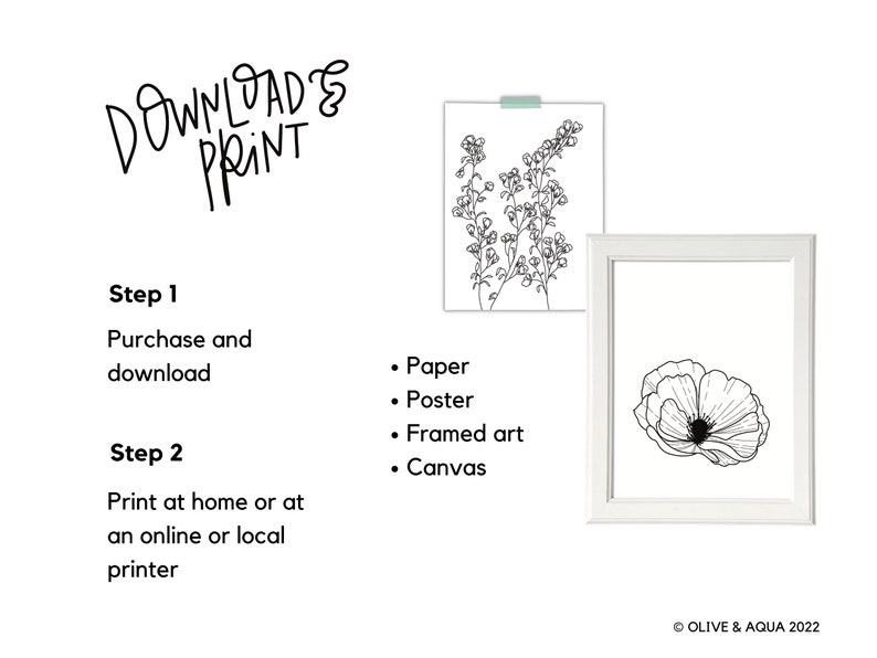 Puede incluir: Una descarga digital imprimible de dos dibujos en blanco y negro de flores. La primera imagen es un grupo de flores peque&ntilde;as. La segunda imagen es una sola amapola. El texto "DOWNLOAD & PRINT" est&aacute; en la parte superior de la imagen. El texto "Paso 1 Comprar y descargar" y "Paso 2 Imprimir en casa o en una impresora en l&iacute;nea o local" est&aacute; en el lado izquierdo de la imagen. El texto "Papel, P&oacute;ster, Arte enmarcado, Lienzo" est&aacute; en el lado derecho de la imagen. El texto "&copy; OLIVE & AQUA 2022" est&aacute; en la parte inferior de la imagen.