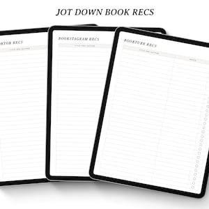 K&ouml;nnte beinhalten: Drei wei&szlig;e digitale Planer mit schwarzen Rahmen. Die Planer sind mit "Booktok Recs", "Bookstagram Recs" und "Booktube Recs" beschriftet. Jeder Planer hat einen Bereich f&uuml;r Titel und Autor, und der Booktube-Planer hat au&szlig;erdem Bereiche f&uuml;r Notizen und gelesen.