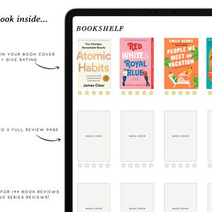 K&ouml;nnte beinhalten: Eine digitale B&uuml;cherregal-Oberfl&auml;che mit wei&szlig;em Hintergrund und grauem Rand. Die Oberfl&auml;che hat einen Titel, der "BOOKSHELF" lautet. Es werden vier Buchcover mit Titeln und Autorennamen angezeigt. Die Buchcover sind "Atomic Habits" von James Clear, "Red, White & Royal Blue" von Casey McQuiston, "People We Meet on Vacation" von Emily Henry und "The Song of Achilles" von Madeline Miller. Die Oberfl&auml;che hat auch einen Bereich zum Hinzuf&uuml;gen von Buchcovern und zum Abgeben von Bewertungen.